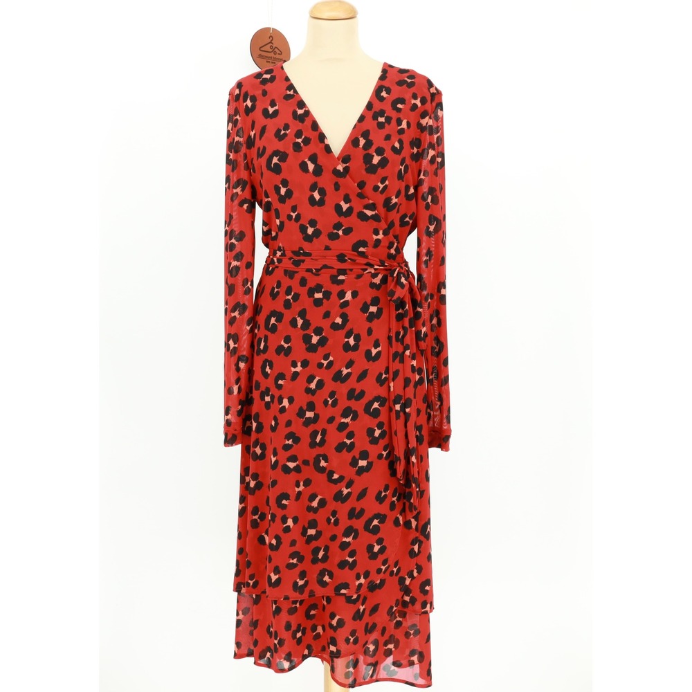 Cabi Siren Wrap Dress Red Leopard Print Long Sleeve Tiered Midi‎ Medium Duster